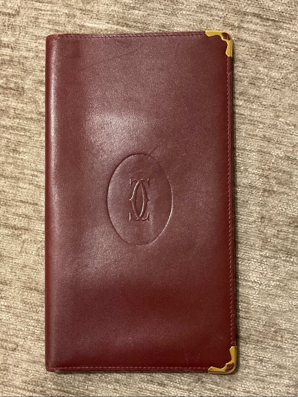 Cartier Burgundy Calfskin Leather Long wallet with Gold Corner Accents